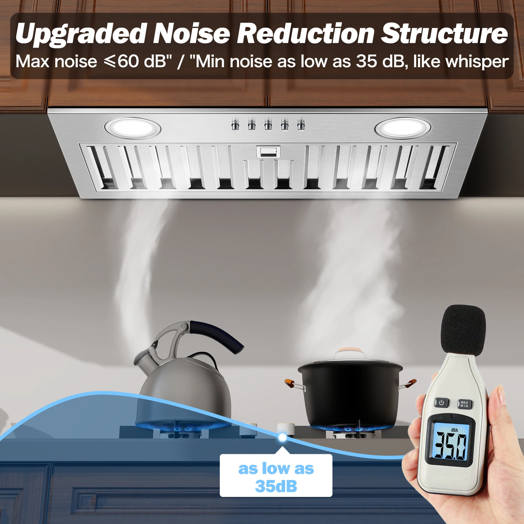 20" 600 CFM Insert, Ultra-Quiet ≤60dB, Dishwasher-Safe Filter, 3-Speed, LED Lights, Ductless/Ducted Range Hood