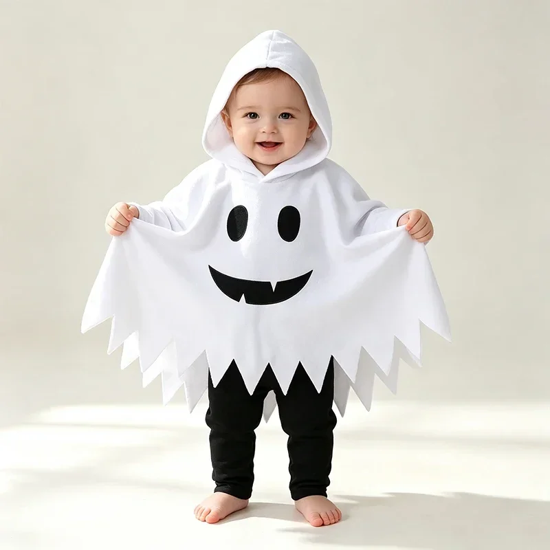 Kinder-Geisterkostüm Weißer Kapuzenponcho mit gezackten Kanten Halloween-Verkleidung für Süßes oder Saures Geburtstagsparty Cosplay-Outfit – Detail 2