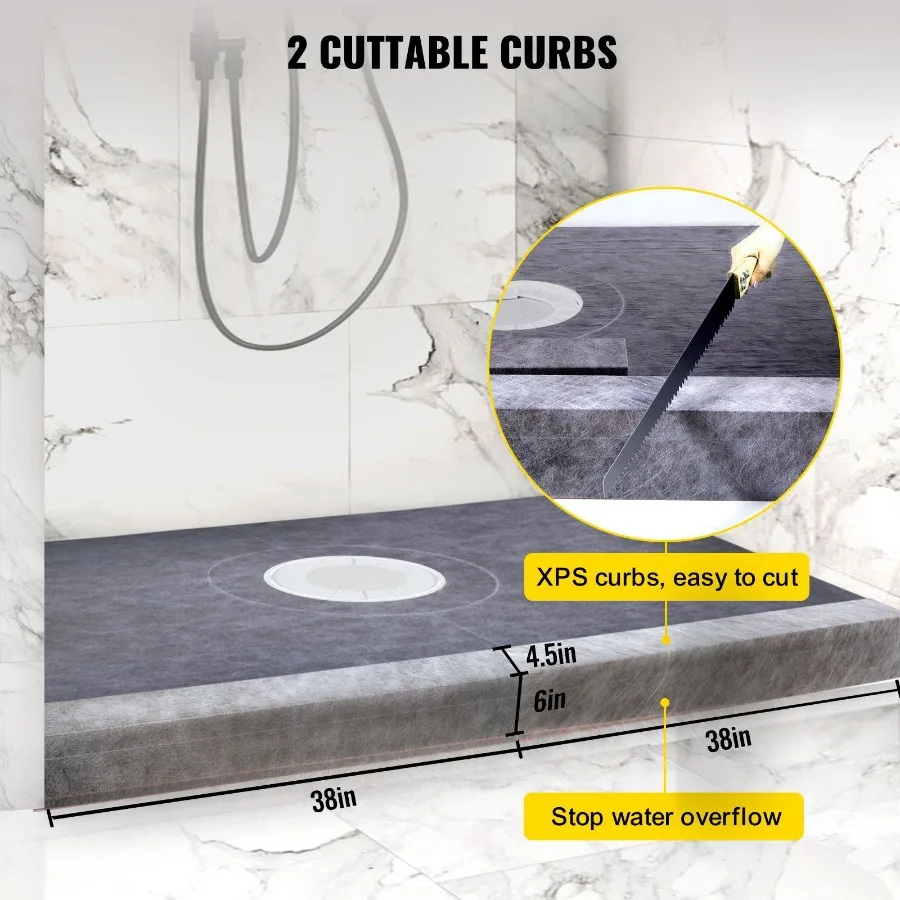 Shower Curb Kit 38x60 Watertight Shower Curb Overlay with 4 PVC Central Bonding Flange 4 Stainless Steel Grate 2 Cuttable Showe