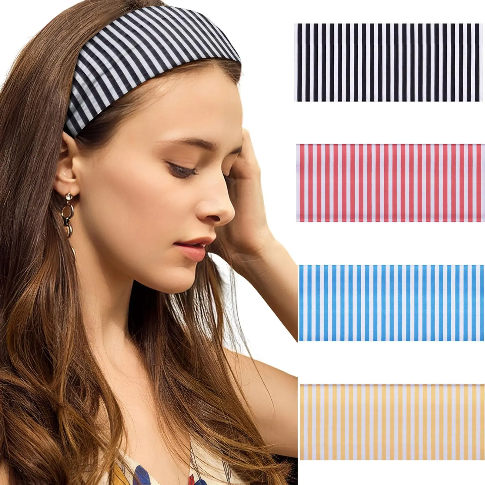 

4 шт./компл., эластичные повязки на голову в вертикальную тонкую полоску, модная тканевая широкая повязка на голову с бантом, аксессуары для волос для женщин, спортивный тренд
