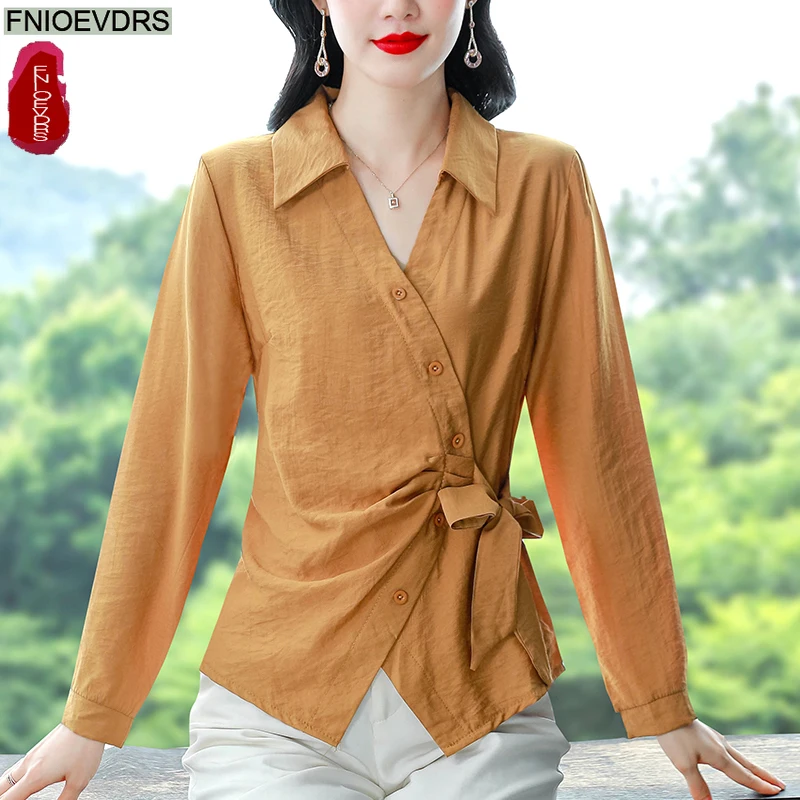 Lace-Up Bow Tie Tops Blouses New Fashion Woman Autumn Long Sleevee Elegant Office Lady Retro Vintage Solid Button Shirts