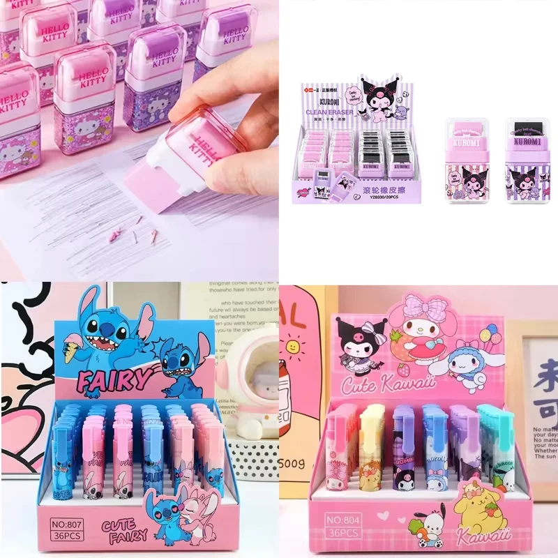 

Miniso Press Eraser 6/36pcs Students Stitch Kuromi My Melody Stationery Automatic Eraser Clean Rubber Children Birthday Gift