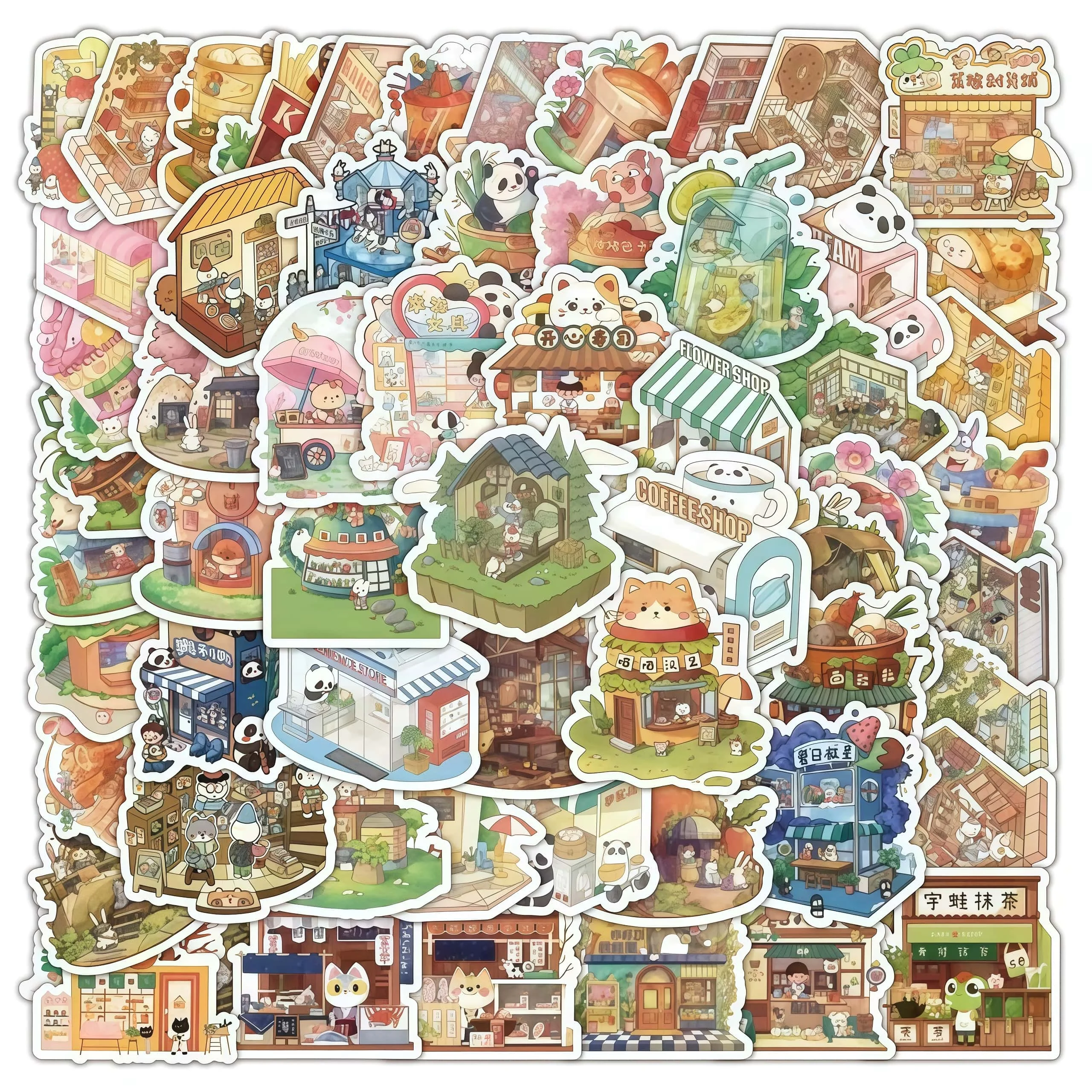60 قطعة من ملصقات متجر الحيوانات اللطيفة، ومتجر الرسوم المتحركة Kawaii وشارات المقهى لديكور المجلة وسجل القصاصات