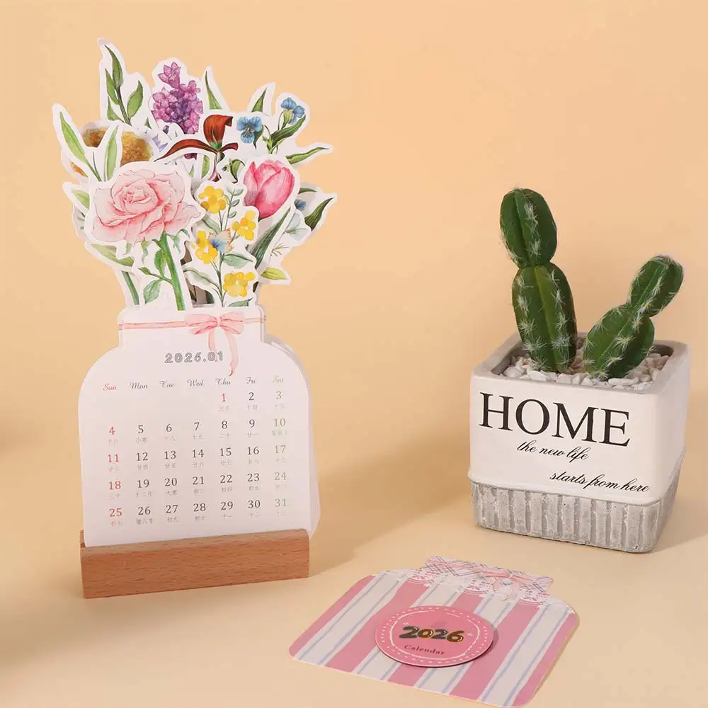 Wooden Stand Flowers Desk Calendar Card Insert Paper Craft Vase-Like Calendar Traditional Mini Desk Calendar Table Desk Decor