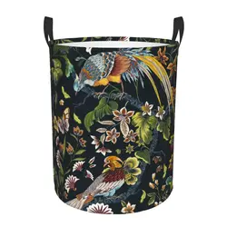Vintage Peacock Bird Toile Laundry Basket Collapsible Traditional France Art Clothing Hamper Toys Organizer Storage Bins