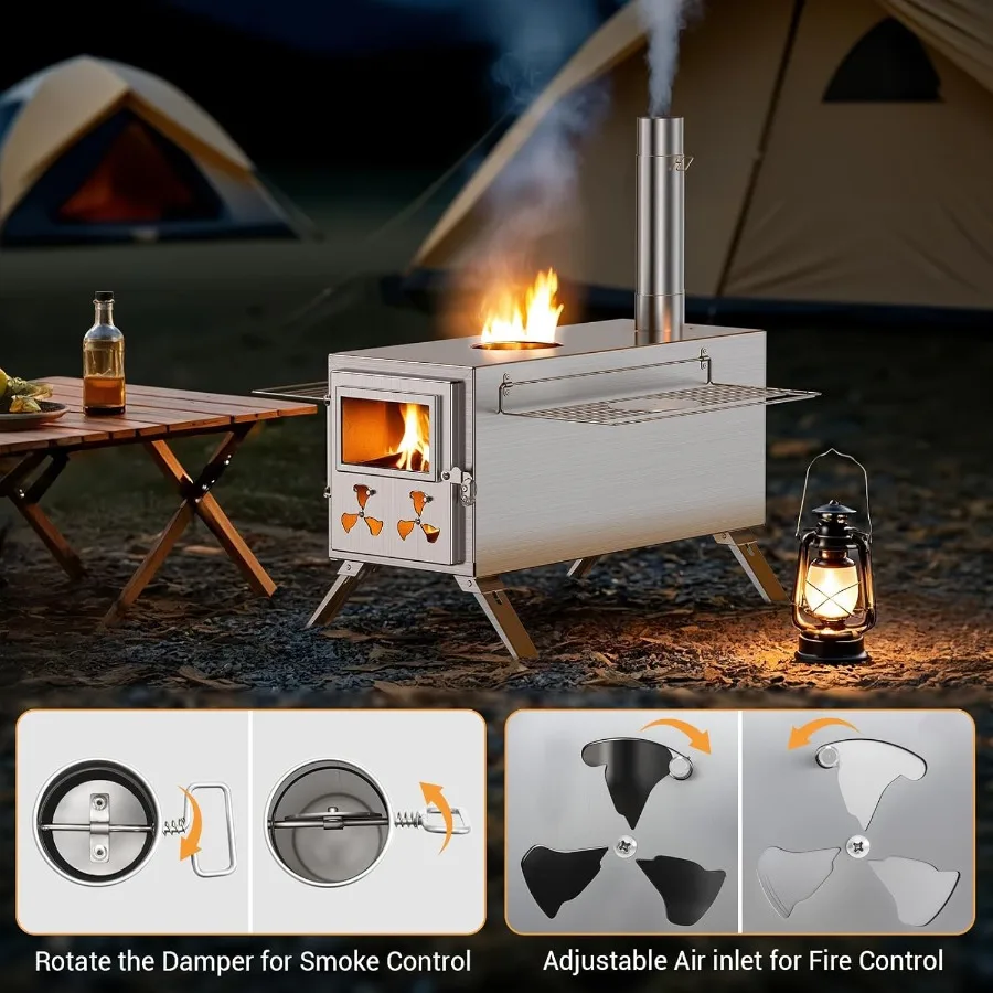 موقد حرق الخشب المحمول المصنوع من الفولاذ المقاوم للصدأ للتخييم في الخيمة: حل تسخين وطهي بسعة كبيرة مع 7 أنابيب مدخنة #4