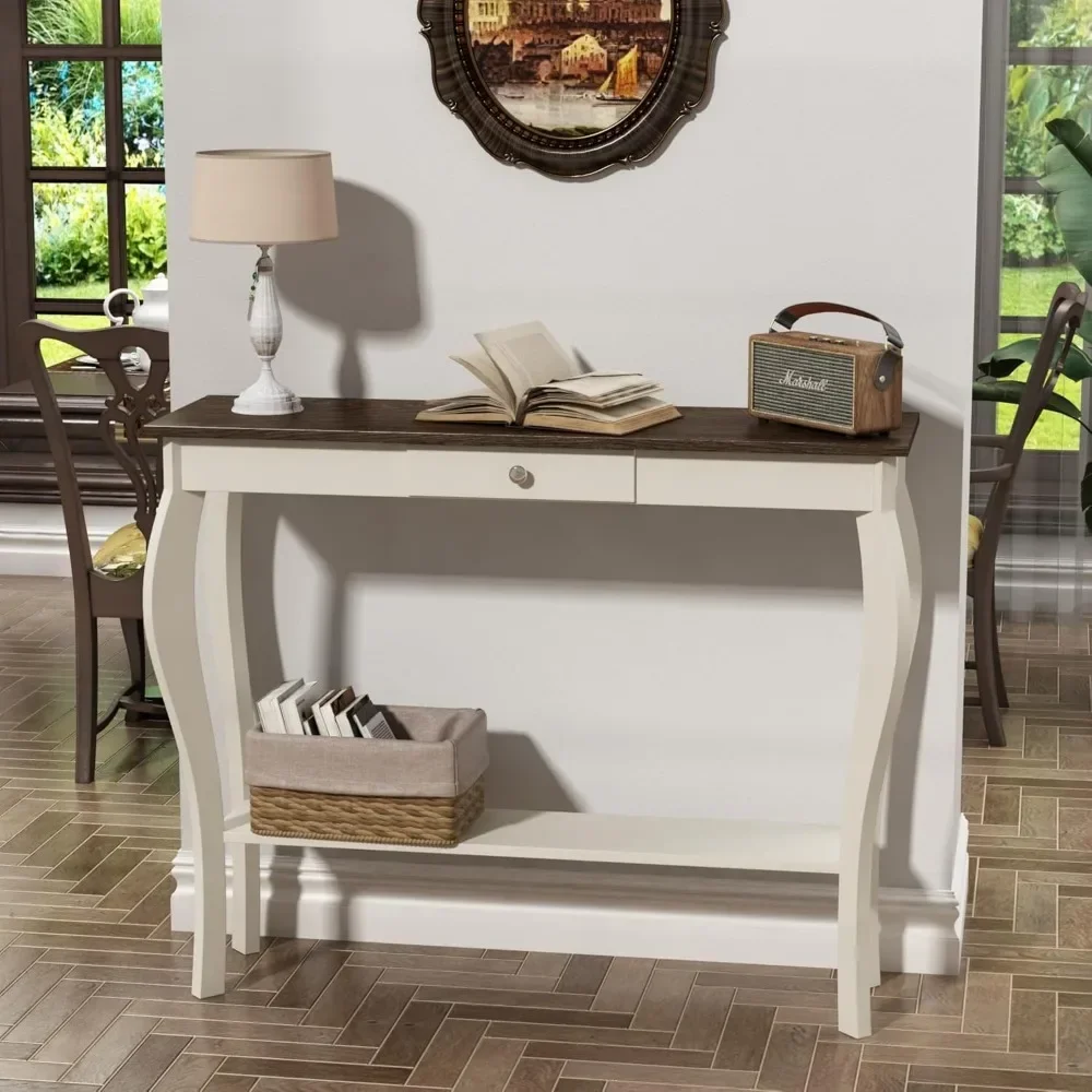 Mesa de console estreita com gaveta, mesa de entrada de sofá com detalhes chiques e prateleiras para entrada, sala de estar, corredor