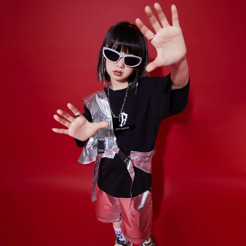 어린이 재즈 댄서 의상 소년을위한 블랙 탑 실버 짧은 조끼 소녀 힙합 패션 streetwear 무대 공연 의상