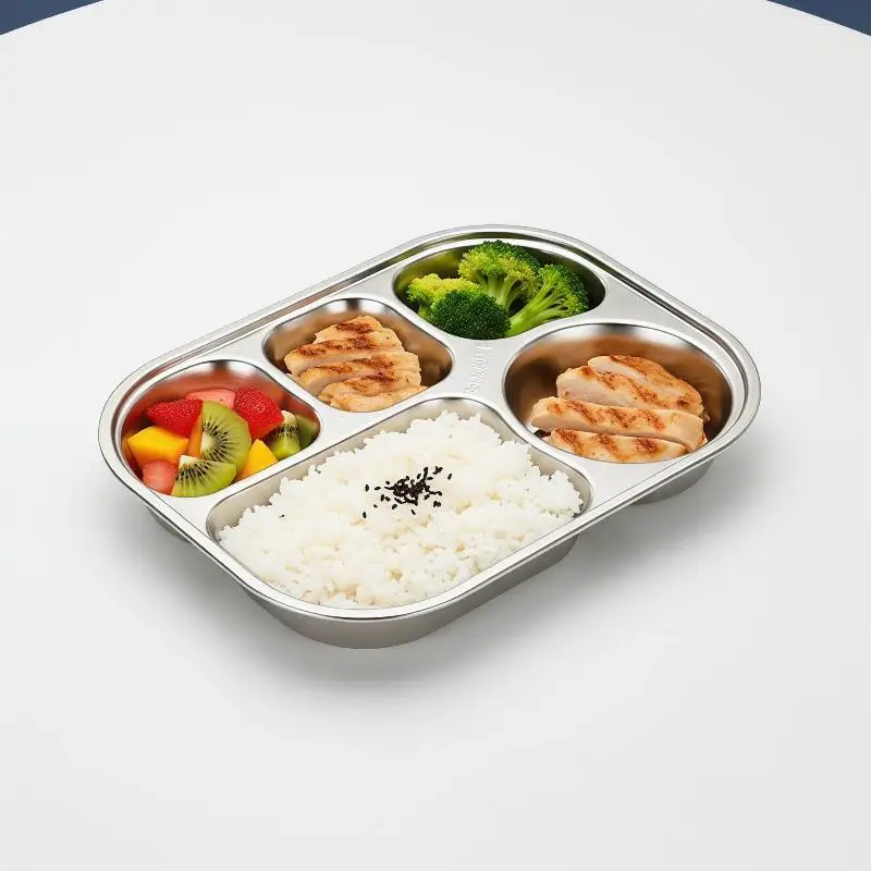 2 Grids Stainless Steel Square Plate Child Friendly Reusable Divided Lunch Tray for Portion Control Dormitory Cafeteria Use