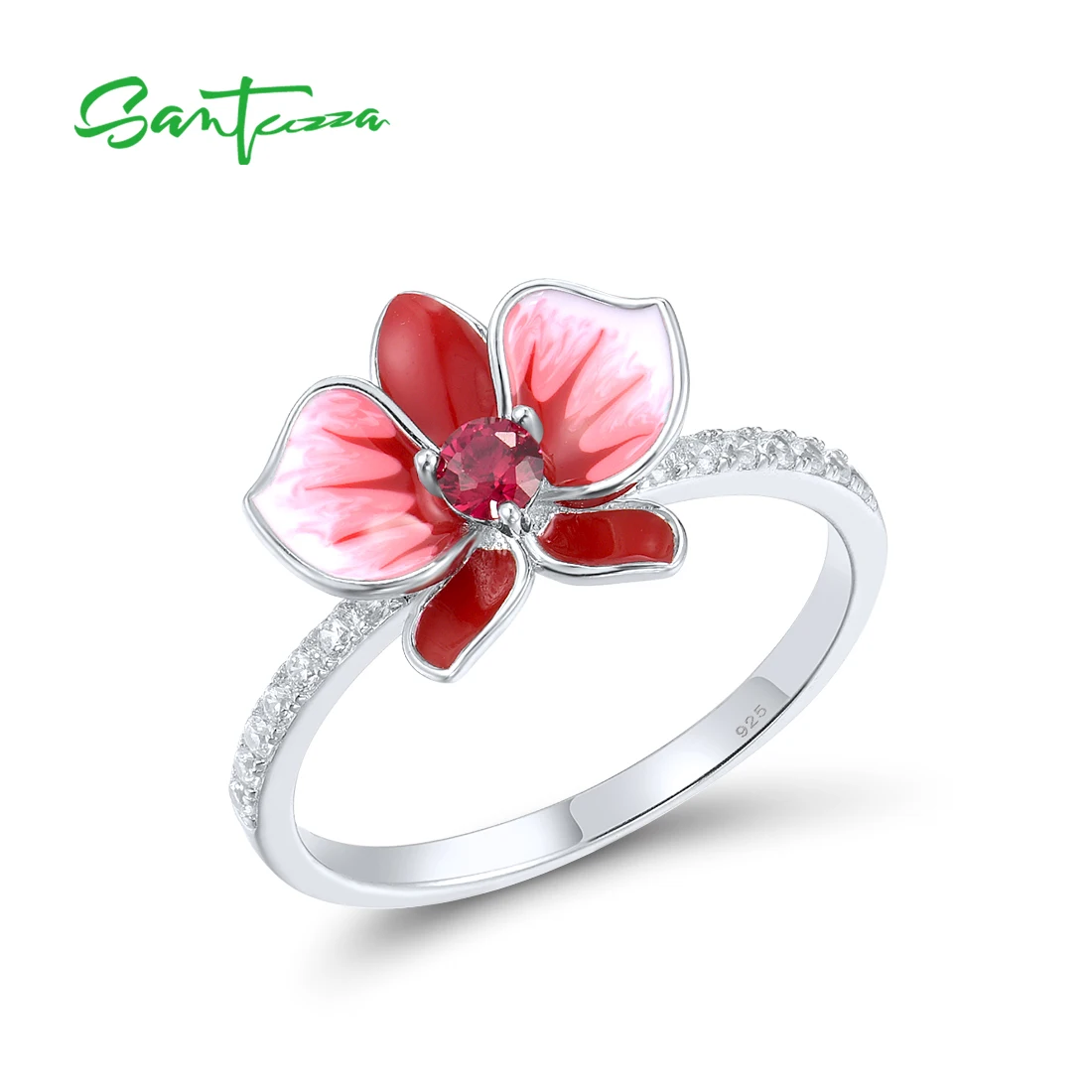 

SANTUZZA Real 925 Sterling Silver Rings For Women Sparkling White CZ Created Ruby Flower Wedding Engagement Enamel Fine Jewelry