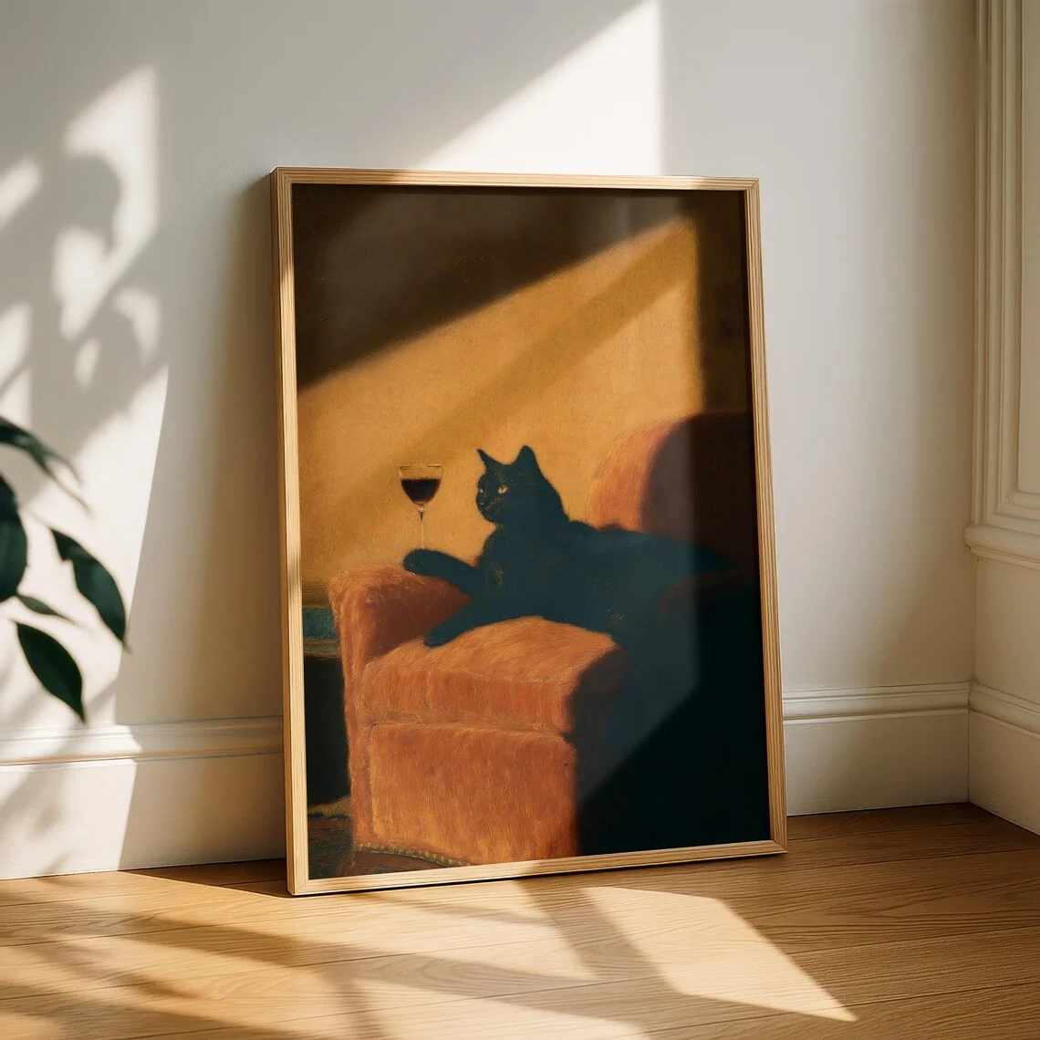 Black Cat with Wine Wall Print Decor - Cozy Oil Painting of a Black Cat Relaxing on an Orange Armchair with a Glass of Red Wine, image 3