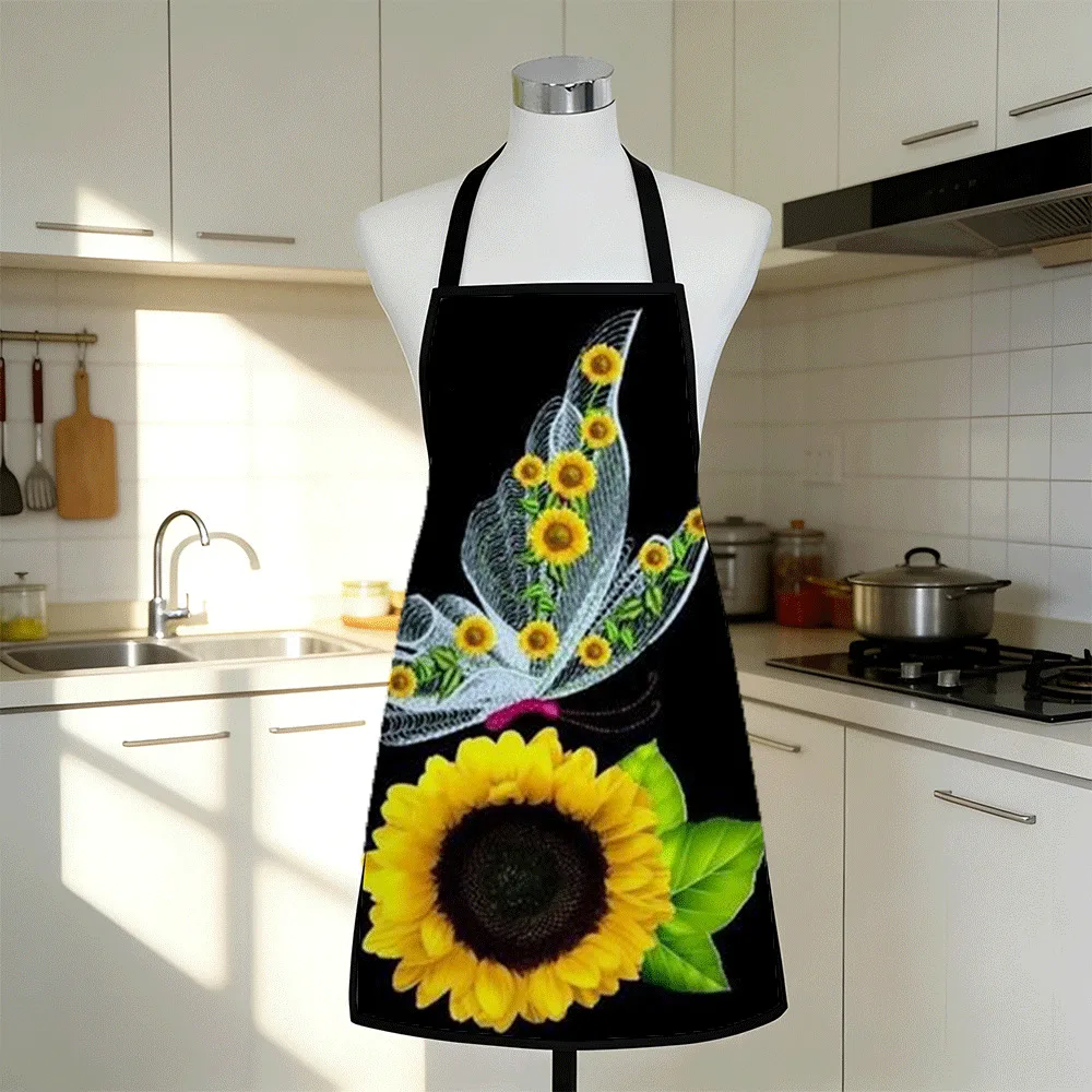 Fashion Sleeveless Apron with Large Sunflower and Butterfly Design | Polyester, Digitally Printed, for Home Kitchen Use