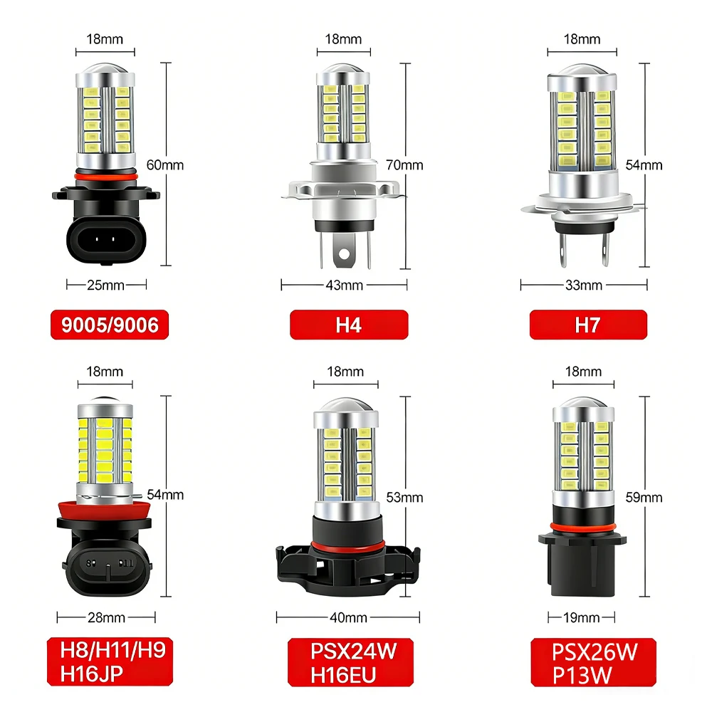 2Pcs H8 H11 9005 HB3 9006 HB4 PSX24W LED Fog Light Bulbs 6000K White Daytime Running Light Car Front Fog Lamp
