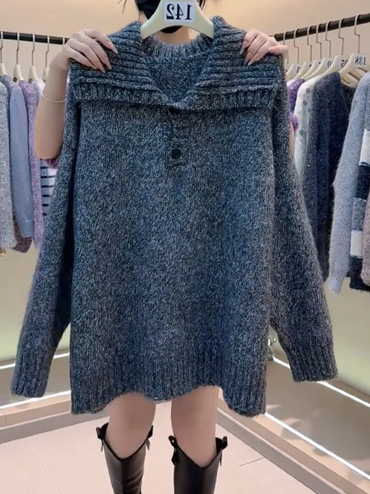 

Корейский свитер с отложным воротником, свободного кроя, больших размеров, универсальный топ для женщин, осенняя новинка, высокое качество, комфортный.