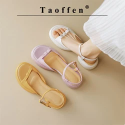 Taoffen Fashion Butterfly-Knot Sandals For Women Genuine Leather Thick Sole Sandals Summer Beach Holiday Buckle Strap Lady Shoes