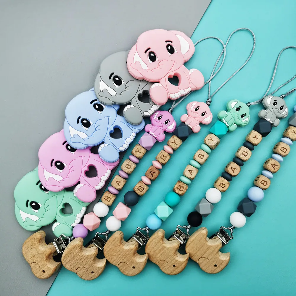 Custom ภาษาอังกฤษ Beech ตัวอักษรชื่อช้างเด็กซิลิโคน Pacifier โซ่คลิป Teether จี้สำหรับทารก Teether ของเล่นของขวัญ