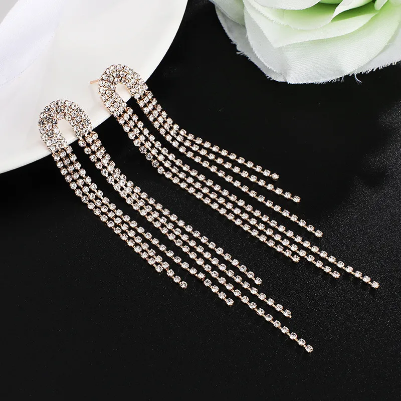 Fashion Statement Earring Long Full Rhinestone Big Earrings For Women Shining Tassel Dangle Earrings Wedding Jewelry Gift