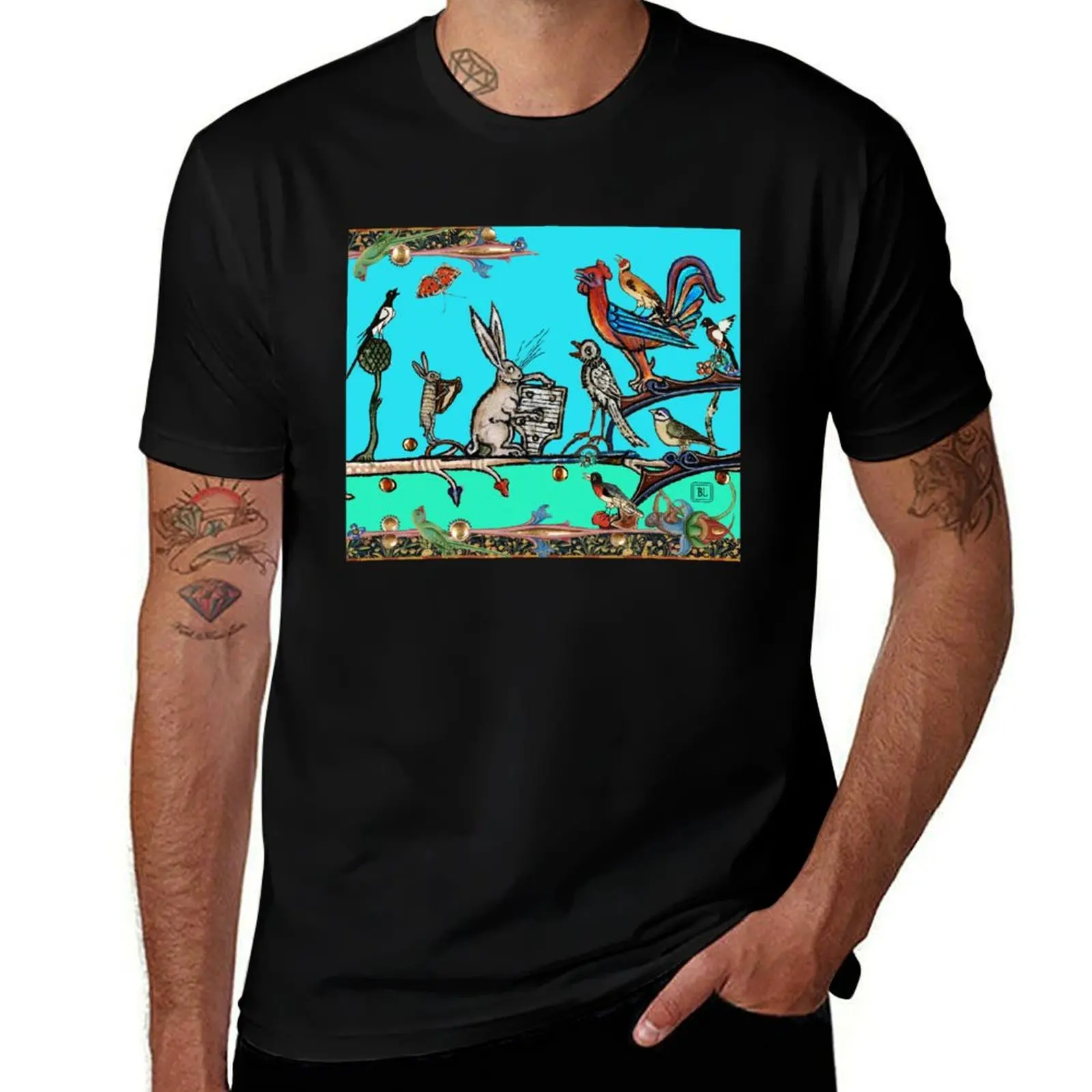 WEIRD MEDIEVAL BESTIARY MORNING MUSIC CONCERT OF RABBITS AND BIRDS IN TEAL BLUE by Bulgan Lumini T-Shirt
