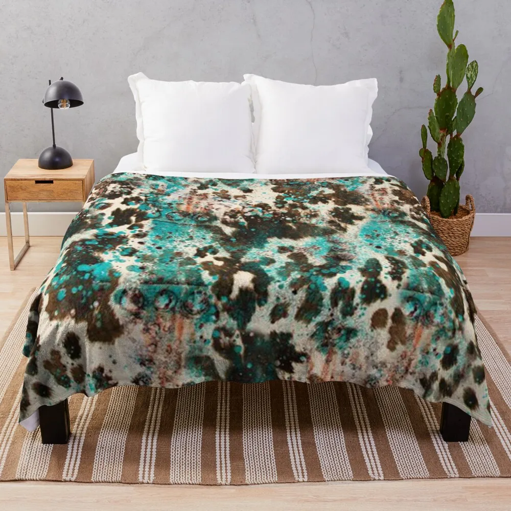 Western Boho Cowhide Turquoise Pattern Throw Blanket Camping Blanket Decorative Sofa Blanket