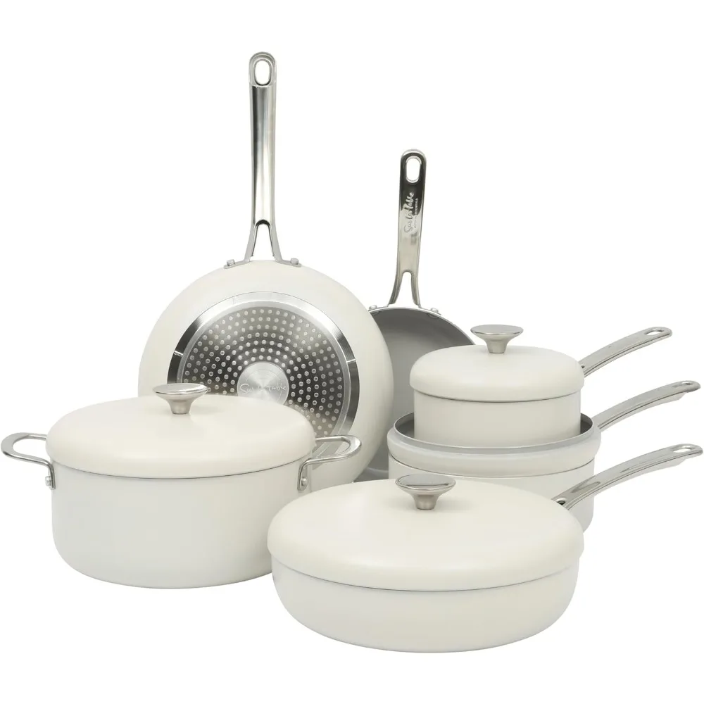 

Kitchen Essentials Potluck Крыльцо 10-х предметный PFA Бесплатная керамика с антипригарным покрытием Внутренняя кованая алюминиевая посуда Набор кастрюль и сковородок с алюминием