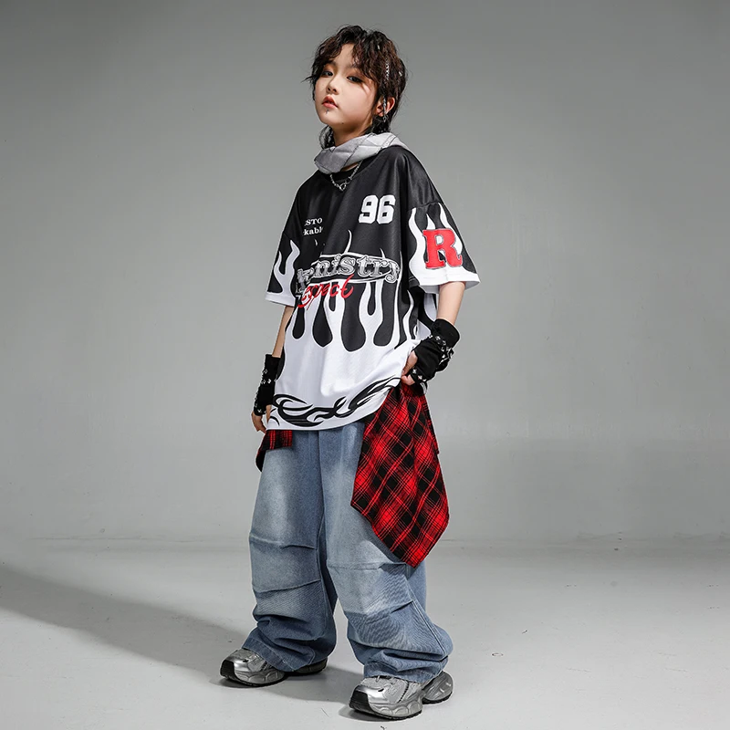 Jungen Teenager Hip Hop Kontrast T-shirt Feuer Jogger Hosen Mädchen K-pop Street Dance Kostüme Kinder Jazz Kleidung Kinder streetwear
