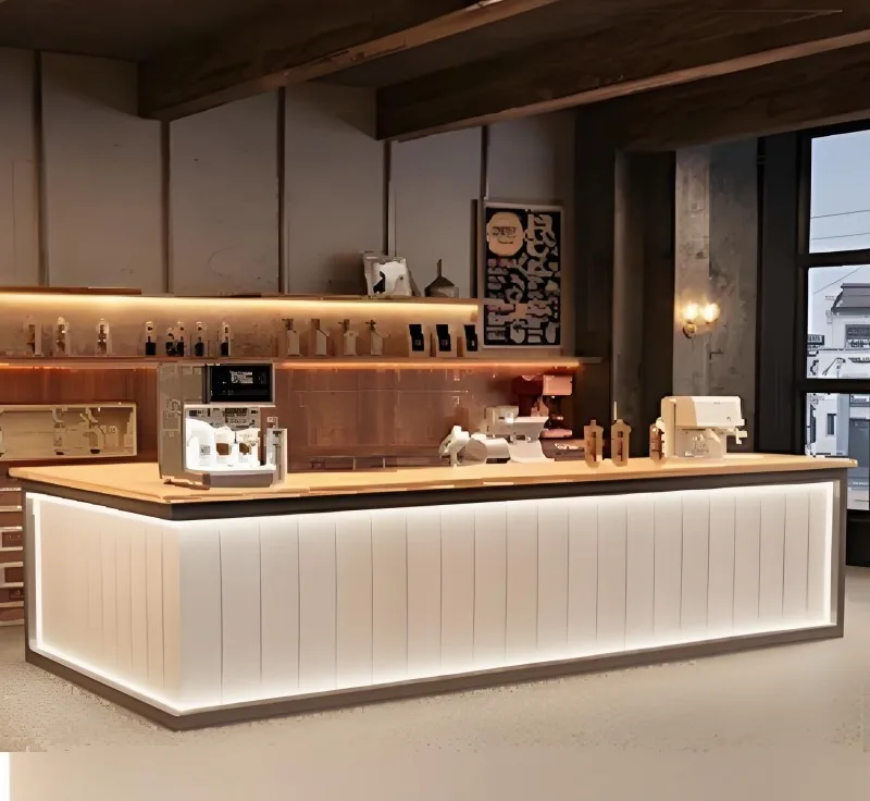 

B073 Modern Light Luxury LED Illuminated Reception Counter Custom Commercial Bar Table with Wood Top for Cafe Milk Tea Shop