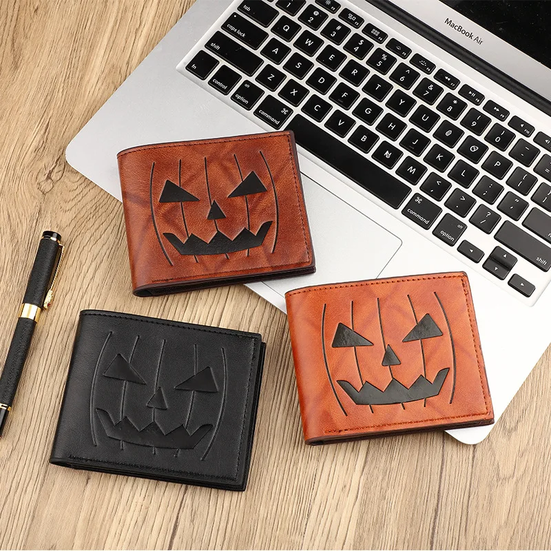 Retro Männer Brieftasche Halloween Brieftasche Mann Persönlichkeit Kürbis Kopf Geprägte Brieftasche Mann Karte Tasche Kurze Kupplung Geldbörse