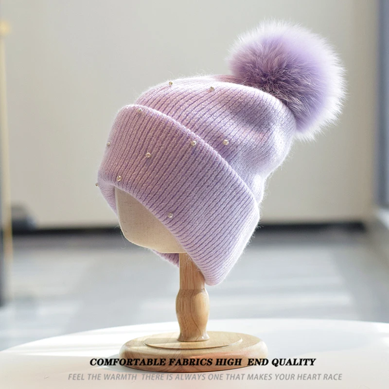 

Hat Pompom Of Real Fur Women Winter Angora Beanie Knit Pearls Warm Accessory For Girls Autumn Cold Weather Skiing Outdoor