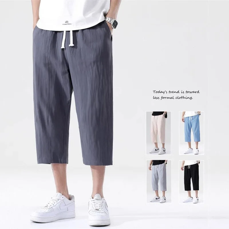 

Summer casual linen cropped pants new solid color straight leg men's lightweight large solid color imitation linen cropped pants