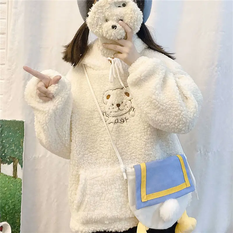 Women Cartoon Bear Print Hoodies Kawaii White Cute Fluffy Sprot Sweatshirts Y2K Winter Vintage Oversized Warm LambWool Hoodies