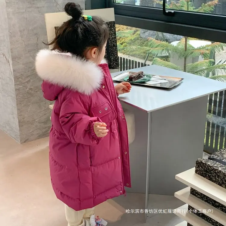 2024 new mid-length children's winter coat with thick fur collar to keep warm