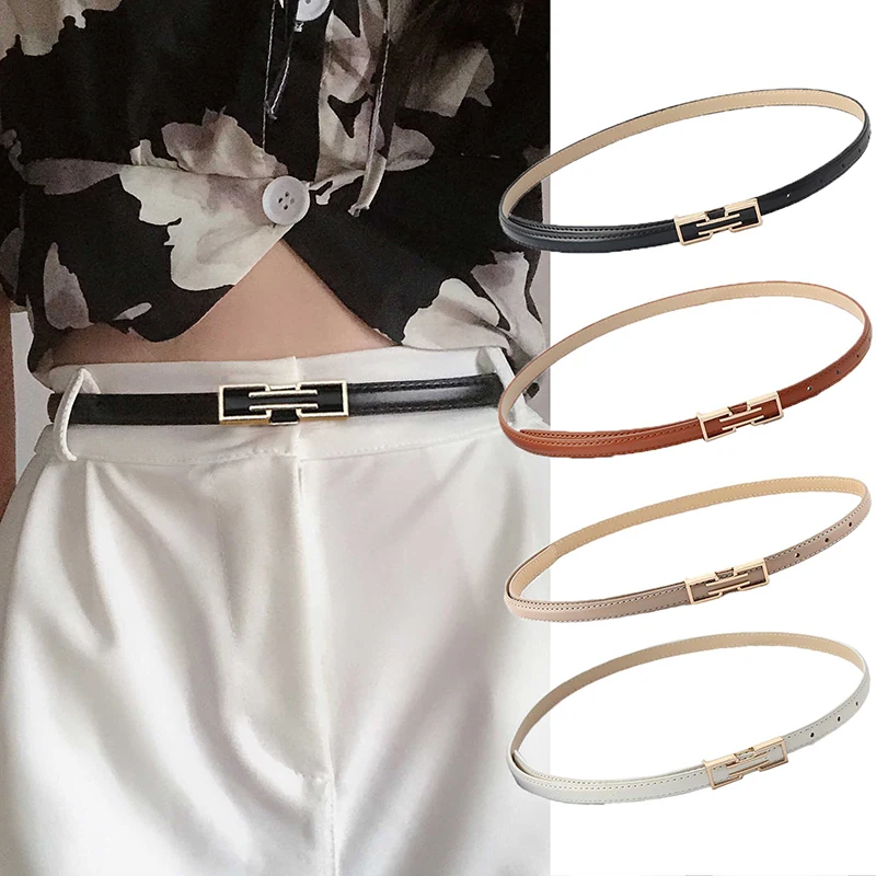 Leather Thin Belt For Women Personalized New Fashion Metal Buckle Waist Strap Female Jeans Dress Trouser Decorative Waistband