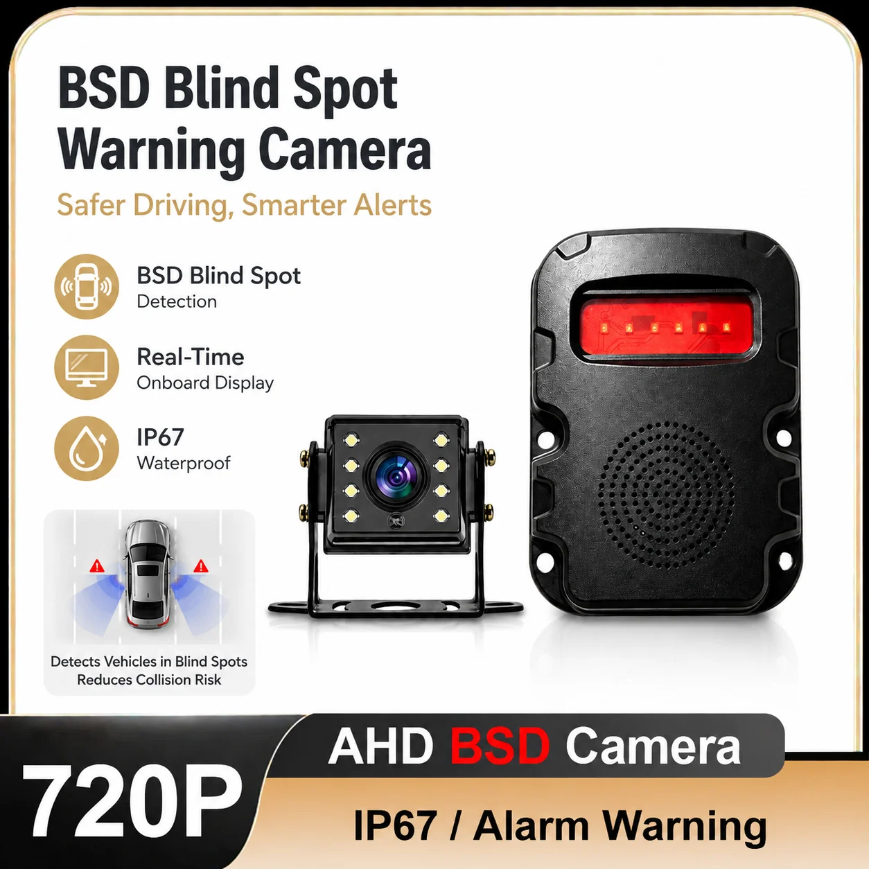 AHD 720P BSD Camera 8 White LEDs Night Vision IP67 Waterproof With Sound & Light Alarm Pedestrian/Vehicle Recognition Warning