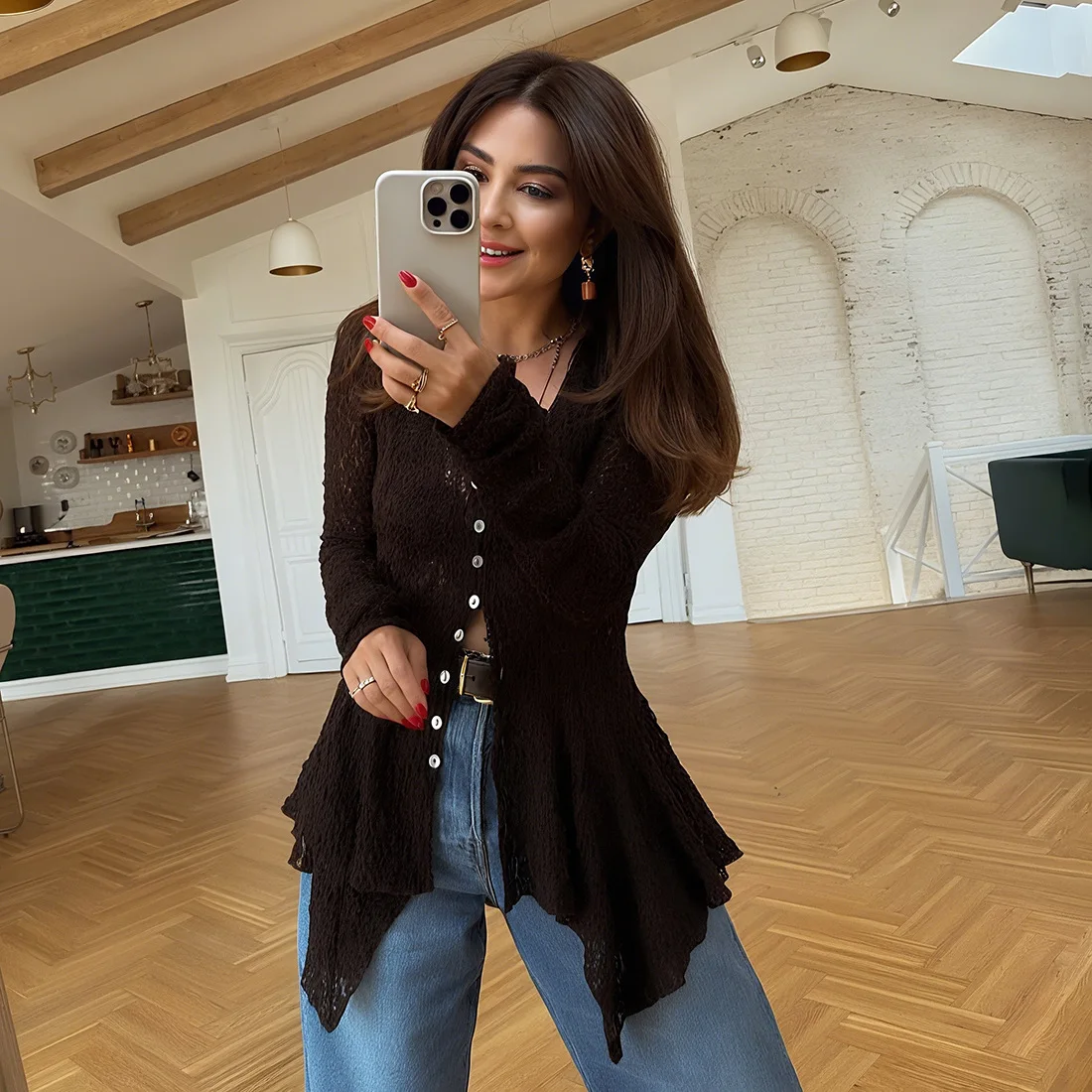 المرأة سترة تي شيرت الخريف الربيع بلون مثير الجوف خارج غير النظامية هيم الدانتيل معطف بأكمام طويلة الزي لفتاة عادية