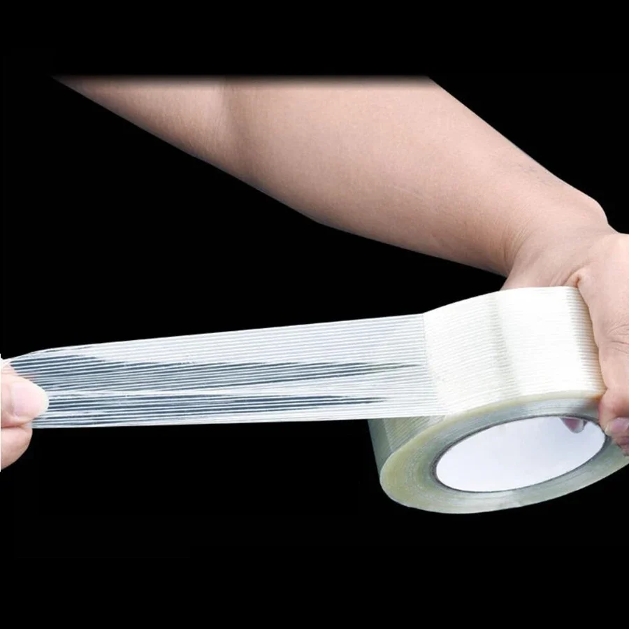 25M Strong Glass Fiber Transparent Striped Single Side Adhesive Tape Industrial Strapping Packaging Fixed Seal Tape