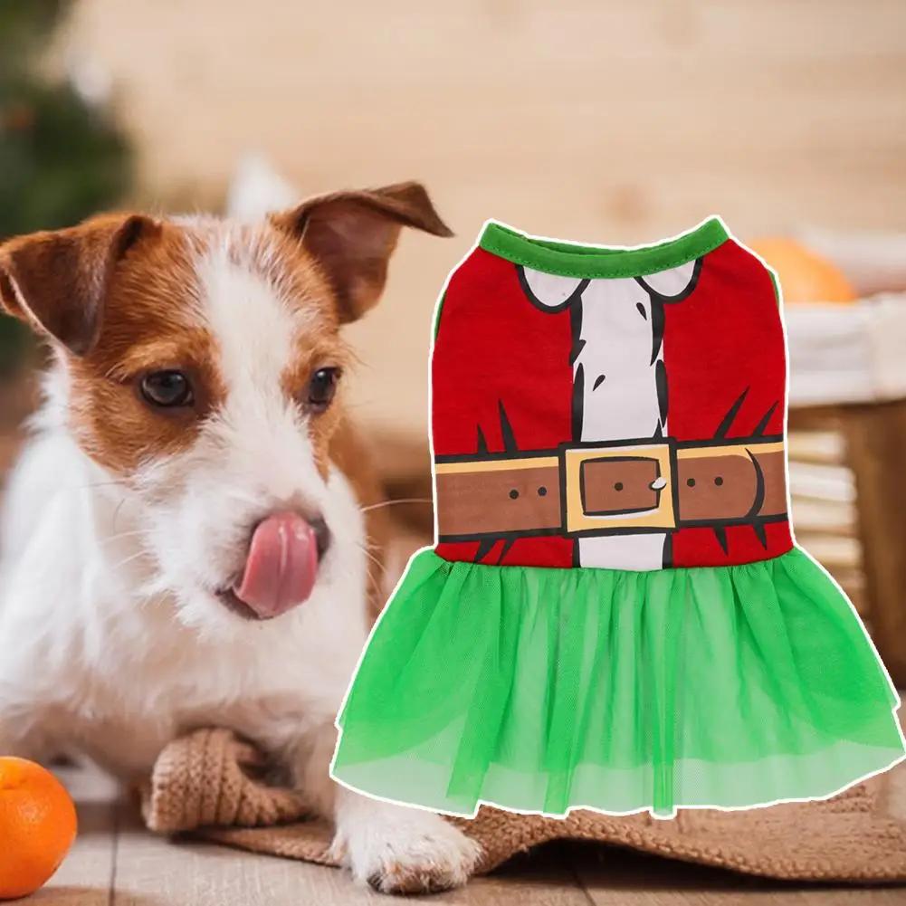 Christmas Dog Dress Mesh Stitching Printed Skirt Outfit Party Dress Up Warm Pet Skirt Winter Pet Two-legged Clothes Pet Costume