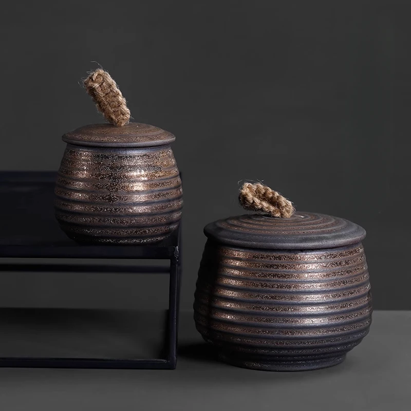 Coarse Pottery Threaded Tea Can Pu Erh Tea Storage Jar Household Sealed Jar Kitchen Seasoning Storage Container Home Accessories