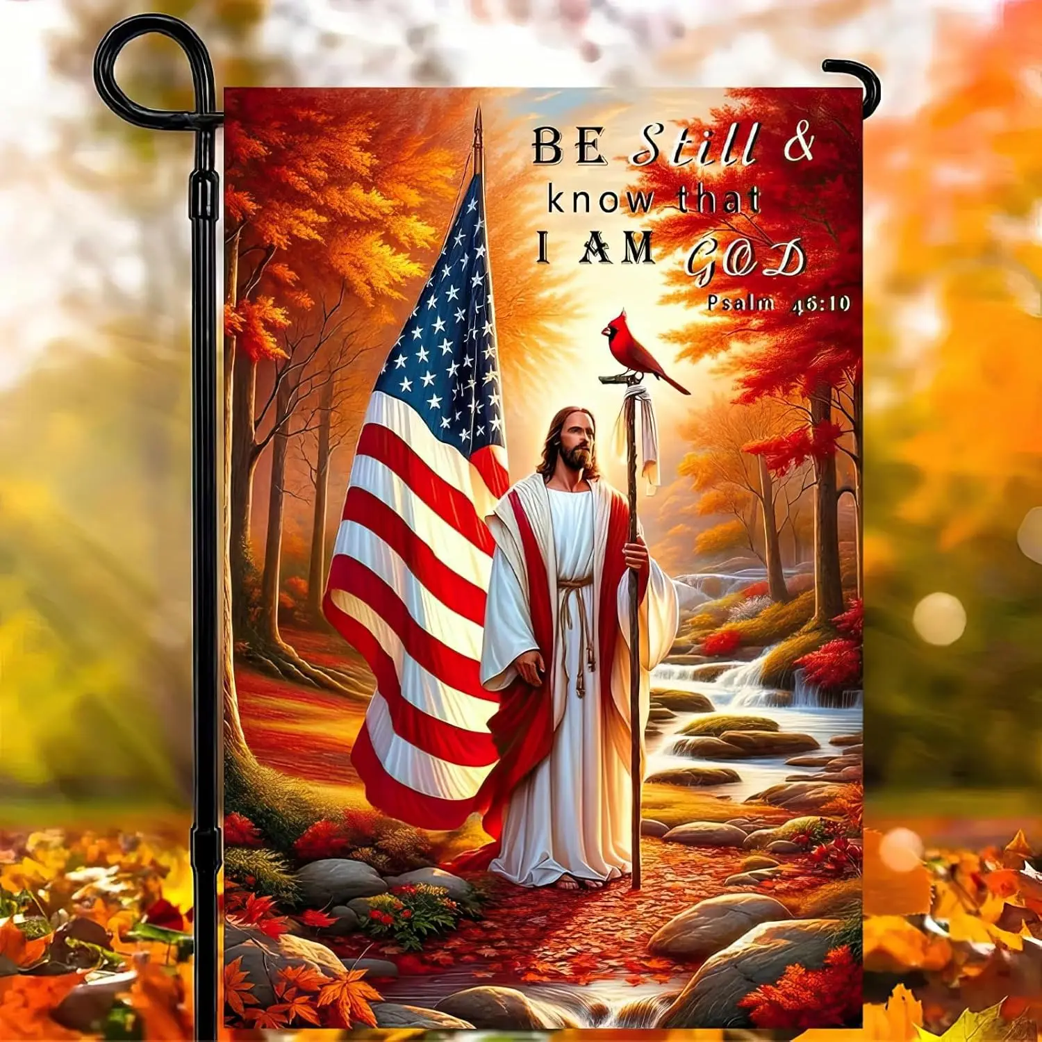 Christian Jesus and American Flag Garden Flag 12x18 Inch Double Sided Religious Patriotic Yard Banner Fall Autumn Thanksgivi EEZ
