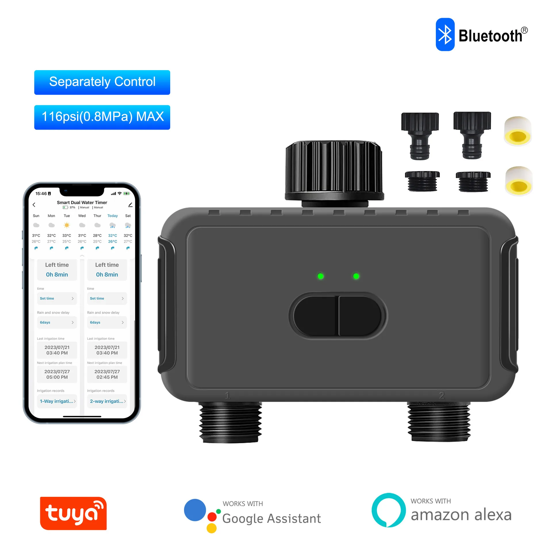 Bluetooth tuya smart home garden 2-way irrigation water valve app remote control sprinkler double outlet irrigation valve timer