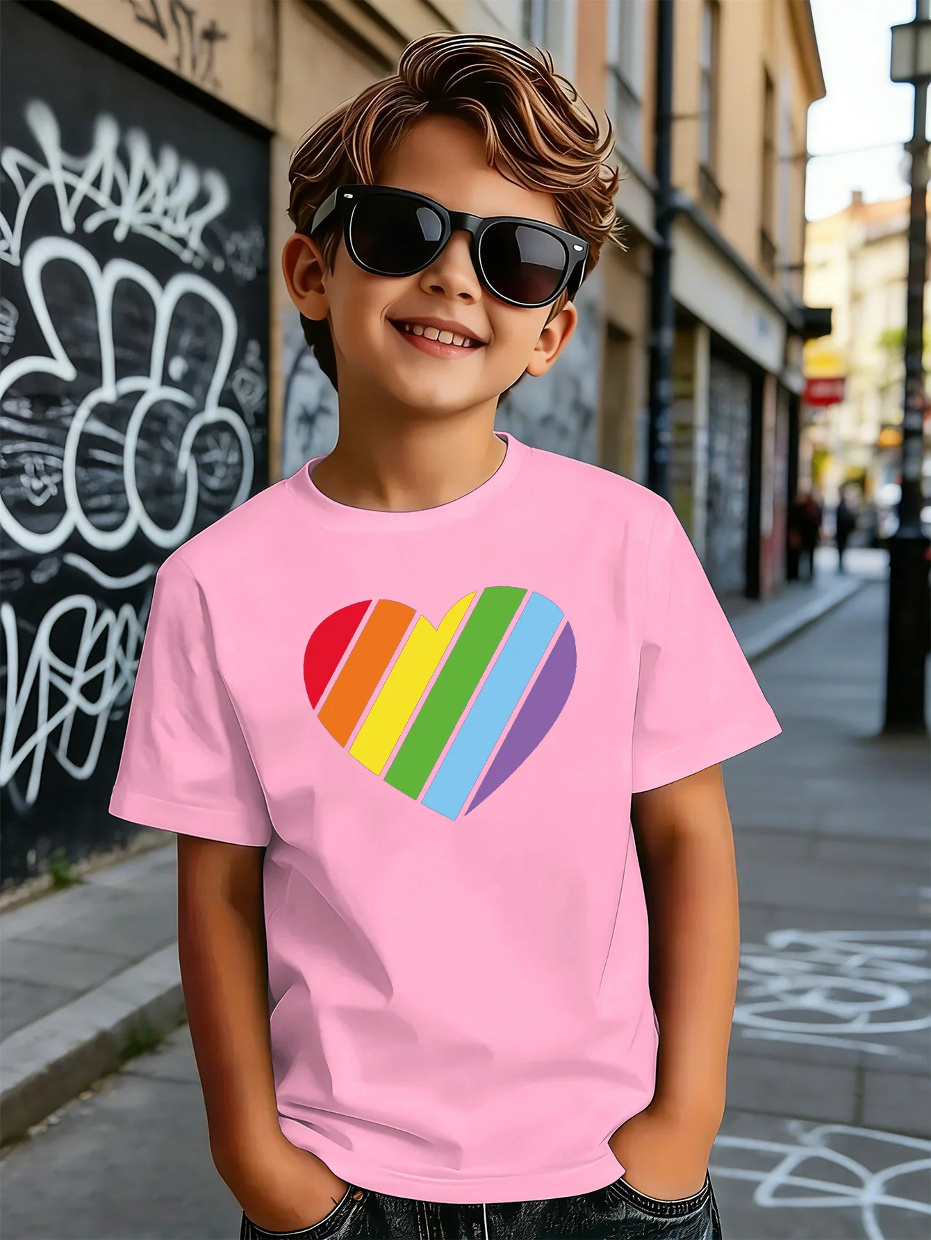 Bright Rainbow Striped Heart Love Print Boys Girls Family Matching Cotton Short Sleeve Crew Neck Soft Summer Kids Casual Tees