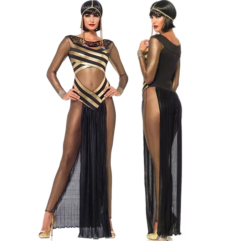 2023 New Sexy Egyptian Cleopatra Costume Ladies Cleopatra Roman Toga Robe Greek Goddess Fancy Dress Costume Outfits Gold