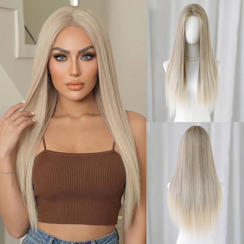 

Long Straight Platinum Ash Blonde Wigs for Women Synthetic Middle Part Natural Fake Hairpieces Heat Resistant