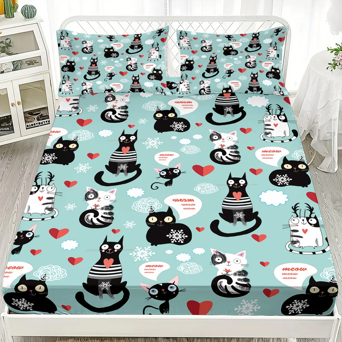 3pcs Cute Kitten Printed Chipless Bed Sheet Set Multi Size Soft Bed Cover Bedroom Bedding Decoration Machine Washable