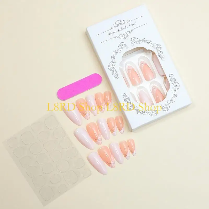 L8rd 24ピースアーモンドフレンチチップ光沢のある仕上げと輝きのあるStripe Designs for PartyまたはDaily