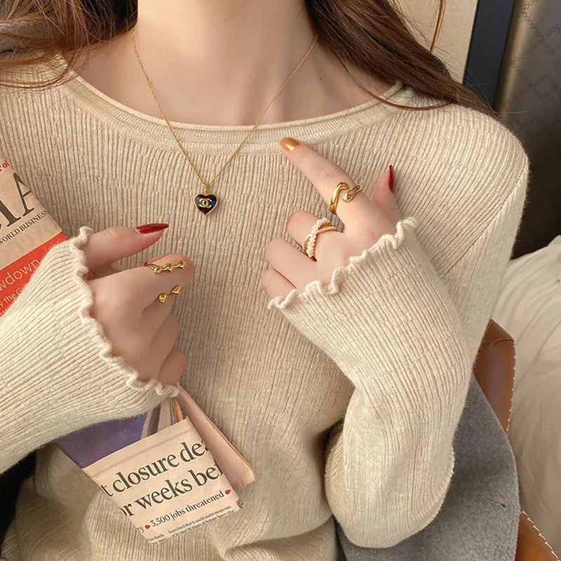 

Knitwears Knitted Sweater Women Pullovers New Black O-Neck Knit Sweater Pullover Women Tops Long Sleeve Sueters De Mujer Q3280