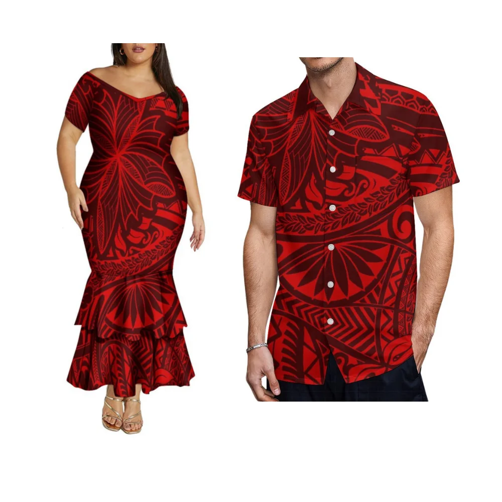 Alta qualidade verão polinésia elegante feito sob encomenda com decote em v fora do ombro dupla camada saia rabo de peixe feminino roupas de casal