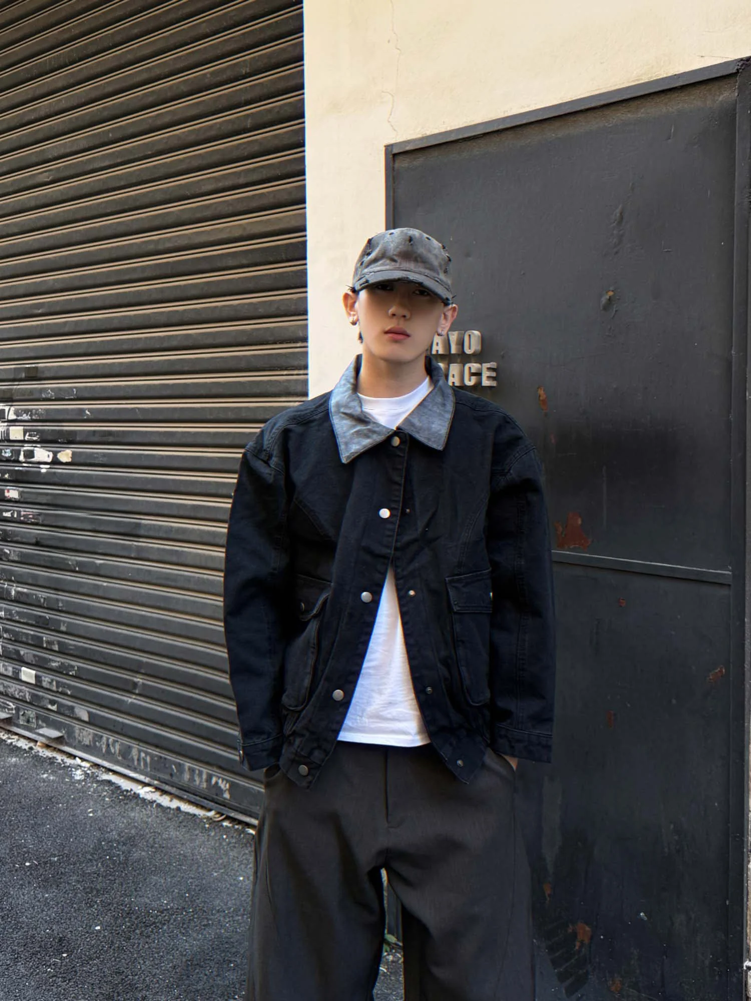 

American Retro Patchwork Leather Large ket Work Jaet ex Casual Loose Couple Outerwear Polyester Fiber Long Sve