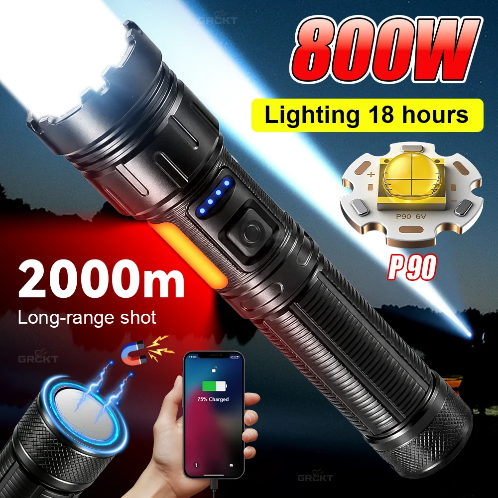 800W Super Bright Flashlight Side Lamp Rechargeable LED Flashlight Torch 18650 Battery Power Bank Tactical Flashlight Camping