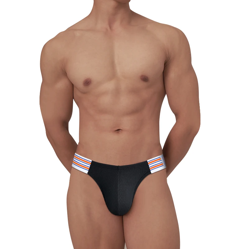 Men Jockstrap Low Rise Briefs Vertical Ribbed Fabric Color Strip Side Elastic Straps 3D Bulge Pouch Sexy Male Underwear