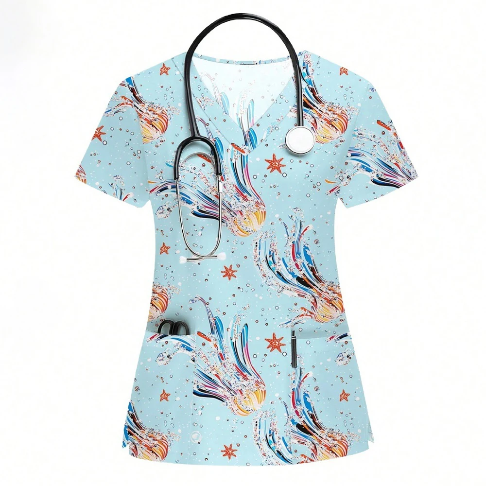 Blouses d'allaitement avec animaux de dessin animé, hauts pour femmes, Uniforme d'infirmière, salopette à col en v avec poches, Uniformes médicaux pour femmes